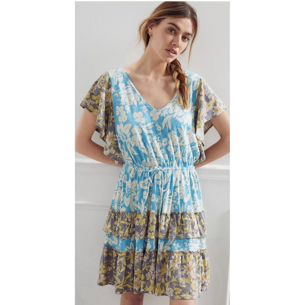 Anthropologie Daily Practice Tiered Ruffle Mini Dress Turquoise Flower Print XS